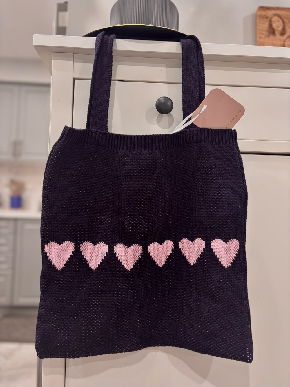 Navy Knit Tote with Pink Heart Row